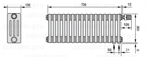 Схема (чертеж) Радиатор Zehnder Charleston 4026/16 №V002 Белый глянцевый RAL 9016